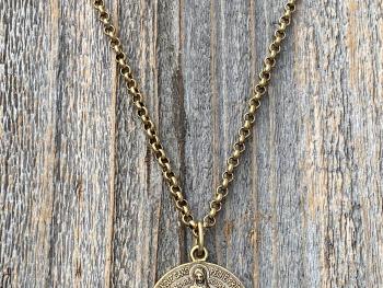 Antique Gold Large French Miraculous Medal, Antique Replica, Big Round Miraculous Medal, Gold Miraculous Pendant Necklace, by OBC, France