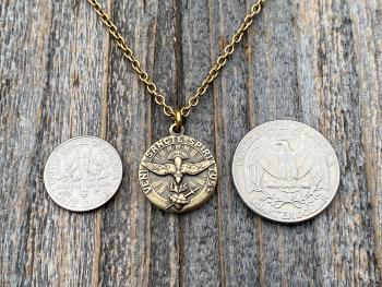Antique Gold Come Holy Spirit Medal, Holy Ghost Pendant Necklace, Antique Replica, Sacred Heart of Jesus, Veni Sancte Spiritus Medal, VSS-1