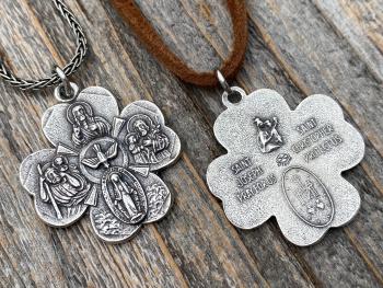 Sterling Silver Large Shamrock 4-Way Medal Pendant Necklace, Antique Replica, 5-Way Medal, Miraculous Medal, Sacred Heart of Jesus Medal