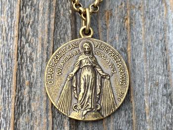 Antique Gold Large French Miraculous Medal, Antique Replica, Big Round Miraculous Medal, Gold Miraculous Pendant Necklace, by OBC, France