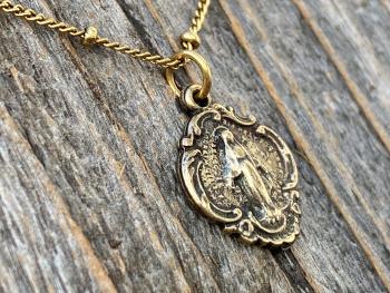 Antique Gold Small Miraculous Medal Pendant Necklace On Satellite Chain, Antique Replica, Art Nouveau, Blessed Virgin Mary Medal Pendant MM3