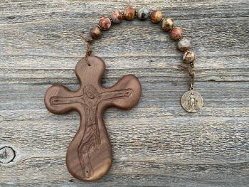 Large Single Decade Rosary, Walnut hand-carved Crucifix Comfort Cross, Miraculous Medal, Birds Eye Rhyolite Gemstones, ByRon Palm Cross