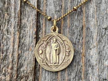 Antique Gold Small French St Benedict Medal Pendant Necklace, Antique Replica, Crux Sancti Patris Benedicti, Holy Father Saint Benedict