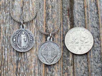 Sterling Silver Small French St Benedict Medal Pendant Necklace, Antique Replica, Crux Sancti Patris Benedicti, Holy Father Saint Benedict