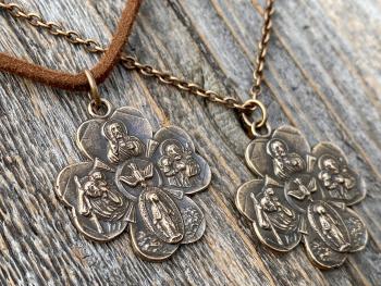 Antique Replica Bronze Large Shamrock 4-Way Medal Pendant, Leather or Chain, 5-Way Medal, Miraculous Medal, Sacred Heart of Jesus Medal
