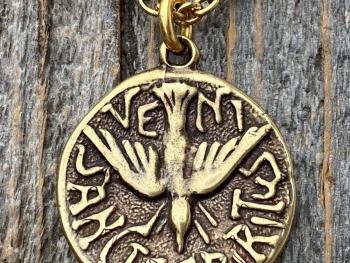 Antique Gold Holy Spirit Dove Pendant, Antique Replica, Latin Veni Sancte Spiritus Medal, Argentina, Holy Ghost Necklace, Come Holy Spirit