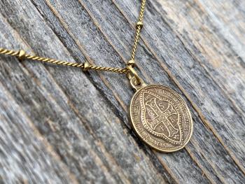 Antique Gold Small French St Benedict Medal Pendant Necklace, Antique Replica, Crux Sancti Patris Benedicti, Holy Father Saint Benedict