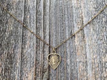 Antique Gold Blessed Virgin Mary Heart Pendant on Satellite Chain Necklace, Antique Replica, Our Lady of Lourdes Medal, Marian Heart Pendant