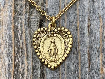 Antique Gold Heart Shaped Miraculous Medal Pendant Necklace, Antique Replica, Heart Miraculous Medal, Blessed Virgin Mary Pendant M4