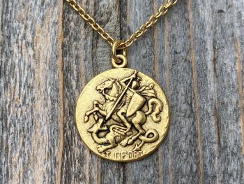 Antique Gold Plated St George Medal Pendant Necklace, Antique Replica, Rare Saint George Medal, Protection against Christ's enemies, Dragon