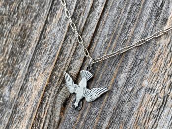 Silver Pewter Holy Spirit Dove Pendant Necklace, French Antique Replica, Antique Silver Holy Spirit Charm, Descending Dove Pendant Medal