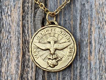 Large Antique Gold Plated Come Holy Spirit Medal Pendant Necklace, Latin Antique Replica, Veni Sancte Spiritus Medal, Sacred Heart of Jesus