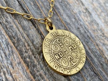 Antique Gold Plated St Benedict Medal Pendant Necklace, French Antique Replica, Rare Saint Benedict Medal, Benedict of Nursia OSB, Benoit