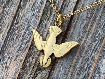 Antique Gold Plated Holy Spirit Dove Pendant Necklace, French Antique Replica, Descending Dove Pendant, Descending Holy Spirit Dove Charm