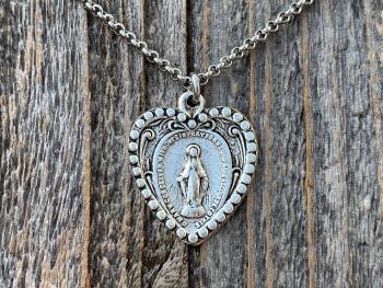 Silver Plated Heart Shaped Miraculous Medal Pendant Necklace, Antique Replica, Blessed Virgin Mary Pendant, Rare Unusual Miraculous Medal M4