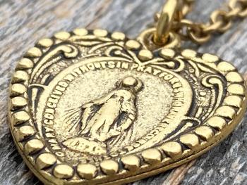 Antique Gold Heart Shaped Miraculous Medal Pendant Necklace, Antique Replica, Heart Miraculous Medal, Blessed Virgin Mary Pendant M4