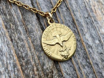 Gold Come Holy Ghost Medal, Holy Spirit Medal Pendant Necklace, Antique Replica, Sacred Heart, Confirmation, Veni Sancte Spiritus VSS-1