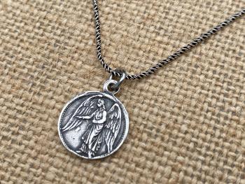 Sterling Silver Small Guardian Angel Medal, Antique Replica, Pendant Necklace, Reverses to Blessed Virgin Mary, Petite Angel Pendant Charm