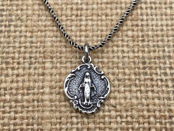 Sterling Silver Petite Miraculous Medal, Antique Replica, Pendant Necklace, Blessed Virgin Mary, Small Miraculous Medal .925 Spiga Chain MM3