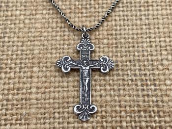 Sterling Silver Petite Crucifix Pendant Necklace, Antique Replica, .925 Sterling Silver Small Crucifix Pendant, Jesus on Cross Medal, Corpus