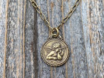 Antique Gold Dainty Angel Medal Pendant Necklace, French Antique Replica, Signed by artist Brandt, Putti Medallion Pendant from France