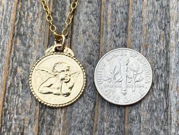 Shiny Gold Dainty Angel Medal Pendant Necklace, French Antique Replica, Signed by artist Brandt, Putti Medallion Charm Pendant from France