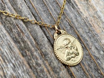 Shiny Gold Dainty Angel Medal Pendant Necklace, French Antique Replica, Signed by artist Brandt, Putti Medallion Charm Pendant from France