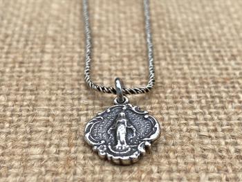 Sterling Silver Petite Miraculous Medal, Antique Replica, Pendant Necklace, Blessed Virgin Mary, Small Miraculous Medal .925 Spiga Chain MM3