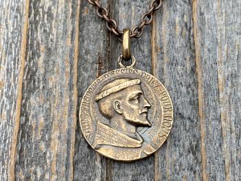 Bronze St Francis of Assisi Medal Pendant Necklace, French Antique Replica, Signed by Louis Tricard, Saint Francois D'Assise Priez Pour Nous