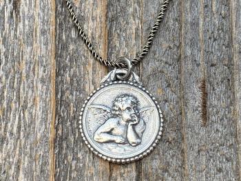 Sterling Silver Dainty Angel Medal Pendant Necklace, French Antique Replica, Signed by artist Brandt, Putti Medallion Pendant from France