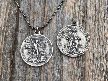Sterling Silver St Michael the Archangel & Guardian Angel Medal Pendant Necklace, Antique Replica, Two-Sided Protection Medallion