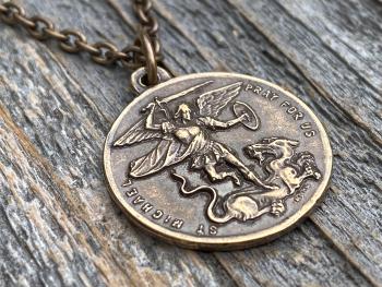 Bronze St Michael the Archangel & Guardian Angel Medal Pendant Necklace, Antique Replica, Two-Sided Protection Medal Pendant, Arcangel Michel