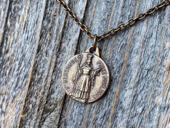 Bronze St Gertrude the Great Medal Pendant Necklace, Signed by French artists Karo & AP Penin, Gertrude Charm, Patron Saint of Cats Felines