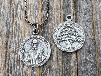 Sterling Silver St Charbel Makhlouf Medal Pendant Necklace, Replica of Rare Saint Sharbel Charm, Lebanese Saint, Miraculous Intercessor