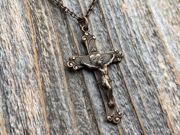 Bronze Sacred Heart of Jesus Crucifix, Pendant Necklace, Antique Replica, Large Bronze Crucifix Cross, Big Sacred Heart Jesus Medal Pendant