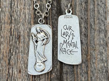 Silver Plated Our Lady of Mental Peace Pendant Necklace, Silver Blessed Virgin Mary Medal Pendant, Antique Replica, Anxiety Stress Comfort