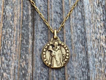 Antique Gold Plated St Thérèse of Lisieux Medal Pendant Necklace, Antique Replica, by artist PY, Small St Theresa of the Child Jesus Charm