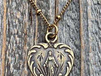 Antique Gold Dainty Blessed Virgin Mary Heart Pendant Necklace, French 19th Century Antique Replica, Small Our Lady Medallion from France H3