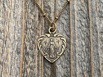 Antique Gold Dainty Blessed Virgin Mary Heart Pendant Necklace, French 19th Century Antique Replica, Small Our Lady Medallion from France H3