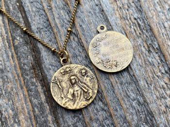 Antique Gold St Rita of Cascia Medal Pendant Necklace, Antique Replica, Saint Rita Medallion Charm from France, Saint of the Impossible