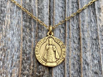 Antique Gold Plated The Infant Jesus of Prague Medal Pendant Necklace, Antique Replica, Signed C Charl, Saint Enfant Jesus De Prague, French