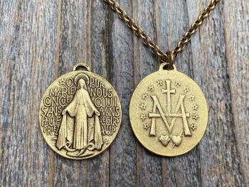 Antique Gold Plated Large French Miraculous Medal, Antique Replica, Pendant Necklace, Signed by artists PCH & JB, Miraculous from France MM1