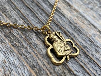 Antique Gold Plated St Patrick Shamrock Pendant Necklace, Antique Replica, Saint Patrick Medal, Irish Catholic Jewelry, St Patrick Medallion