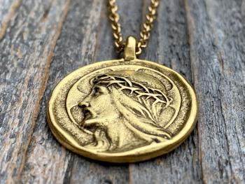 Antique Gold Plated Crowned Jesus Medal Pendant Necklace, Antique Replica, By French Artist Augis & Mazzoni, Rare Christ Pendant from France