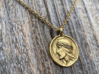 Antique Gold Plated Crowned Jesus Medal Pendant Necklace, Antique Replica, By French Artist Augis & Mazzoni, Rare Christ Pendant from France