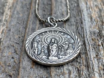 Sterling Silver Our Lady of the Pillar Medal Pendant Necklace, Antique Replica Medallion, Blessed Virgin Mary, Our Lady of the Pilar, Spain