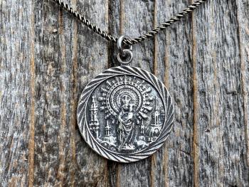 Sterling Silver Our Lady of the Pillar Medal Pendant Necklace, Antique Replica Medallion, Blessed Virgin Mary, Our Lady of the Pilar, Spain