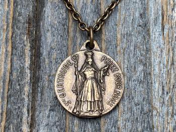 Bronze St Gertrude the Great Medal Pendant Necklace, Signed by French artists Karo & AP Penin, Gertrude Charm, Patron Saint of Cats Felines