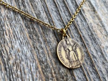 Antique Gold St Gertrude the Great Medal Pendant Charm Necklace, Signed by French artists Karo & AP Penin, Patron Saint of Cats Felines