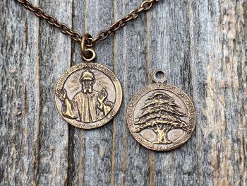 Bronze St Charbel Makhlouf Medal Pendant Necklace, Antique Replica, Rare Saint Sharbel Charm, Lebanese Saint, Miraculous Healing Intercessor